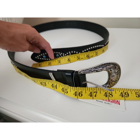 TRUE‎ RELIGION Women Stone Embellished Southwestern Faux Leather Black Belt L/XL - Picture 8 of 8